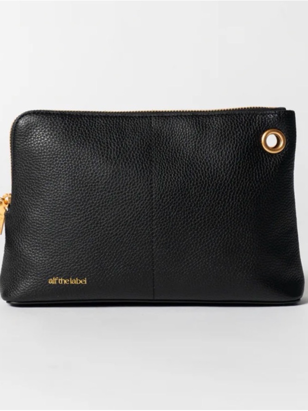 alf the label Black Pebble Leather Zip Clutch